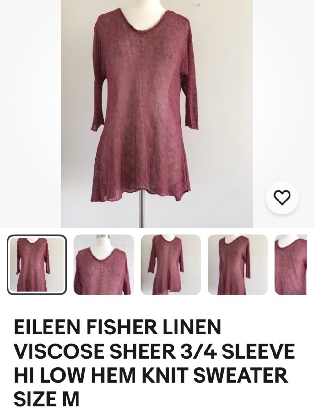 Eileen Fisher Dusty Rose 3/4 Sleeve Sheer Linen-Viscose Tunic
